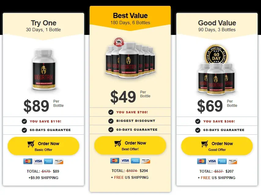 Vigortrix package prices: 1 bottle $89, 3 bottles $69 each, 6 bottles $49 each